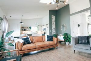 a living room with a couch and a table