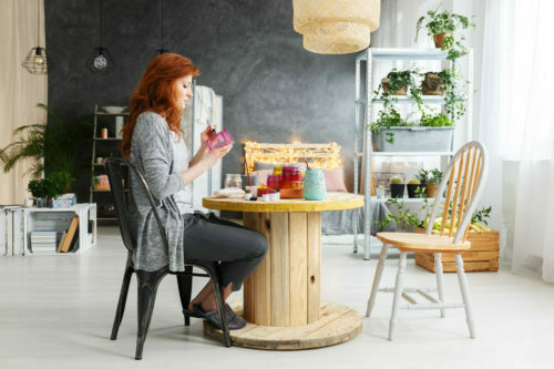 a woman sitting at a table
