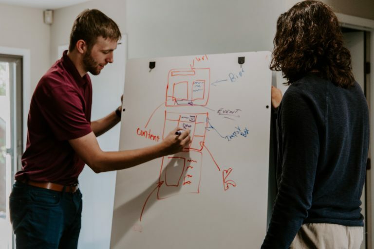 a man and a woman drawing on a white board