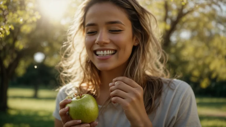 a smiling person happily eating an apple in a sunny park.