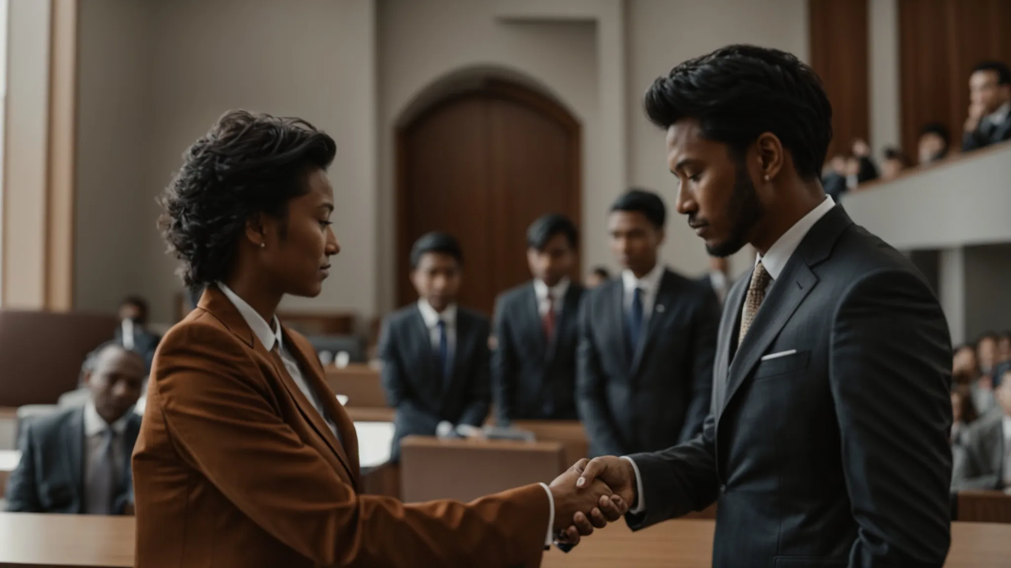 two people in business attire shake hands in front of a courtroom.