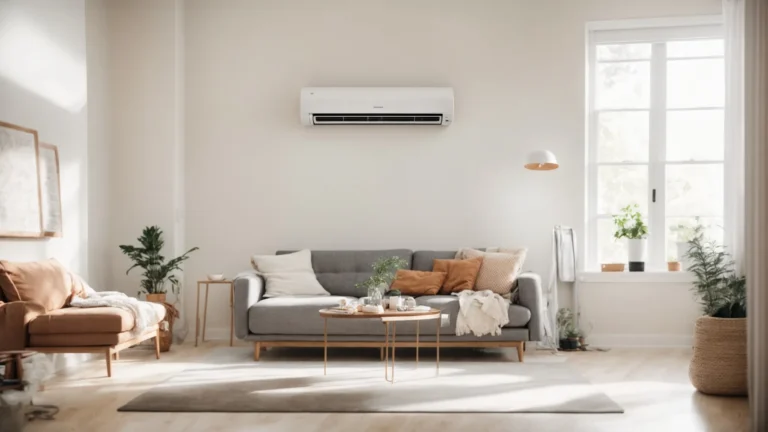 a certified hvac professional is installing a modern air conditioning unit in a bright, clean living room.