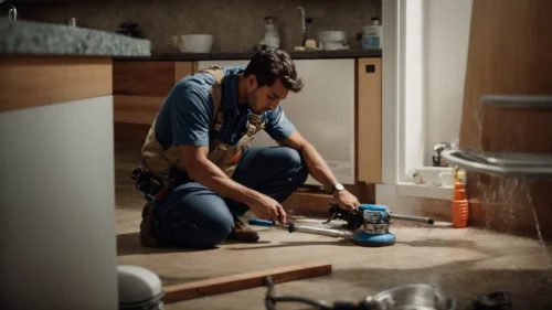 a professional plumber uses tools to fix a burst pipe under a kitchen sink.