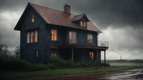 a sturdy house amidst heavy rain showcasing its intact, dry foundation.