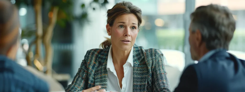 a professional businesswoman explaining divorce services to a couple in an office setting.