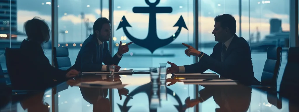 business professionals seated around a table, pointing to and discussing a large anchor symbol representing online divorce services.