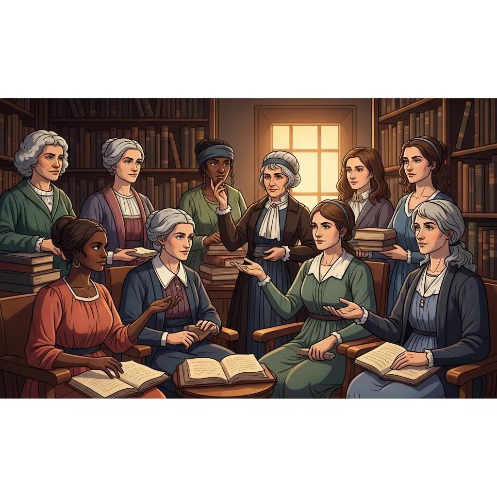 Diverse women philosophers in a library discussing their contributions to philosophy