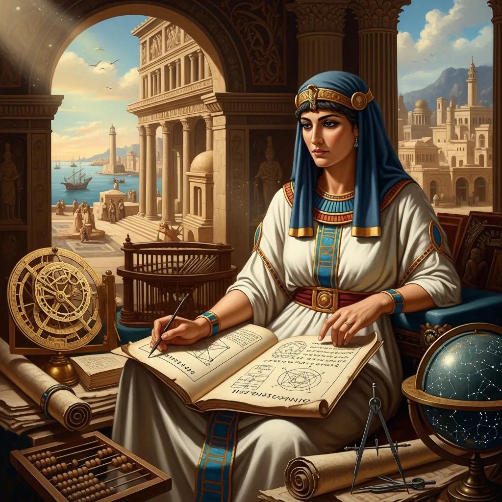 Hypatia of Alexandria surrounded by scrolls and mathematical instruments in ancient Alexandria