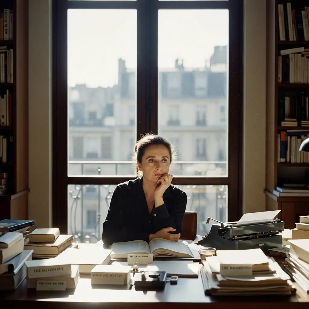 Simone de Beauvoir in a modern study surrounded by her influential works on feminist philosophy