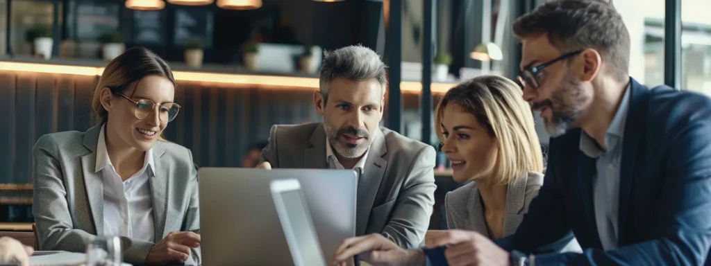 a group of business professionals analyzing reviews and testimonials on a laptop screen.