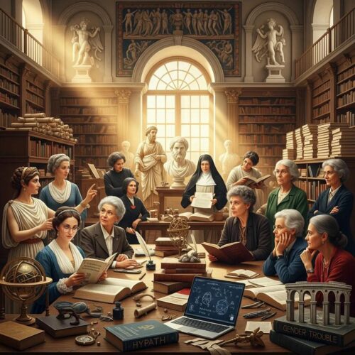 Diverse women philosophers discussing ideas in a historical setting, representing the rich history of women in philosophy