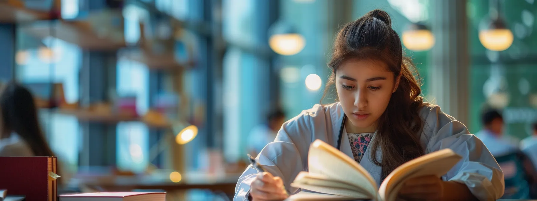 a student intently studies a nursing textbook amid modern academic resources.