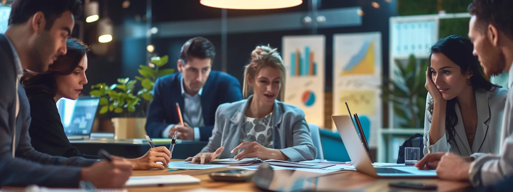 a group of focused business professionals engages in a discussion, surrounded by charts and laptops.
